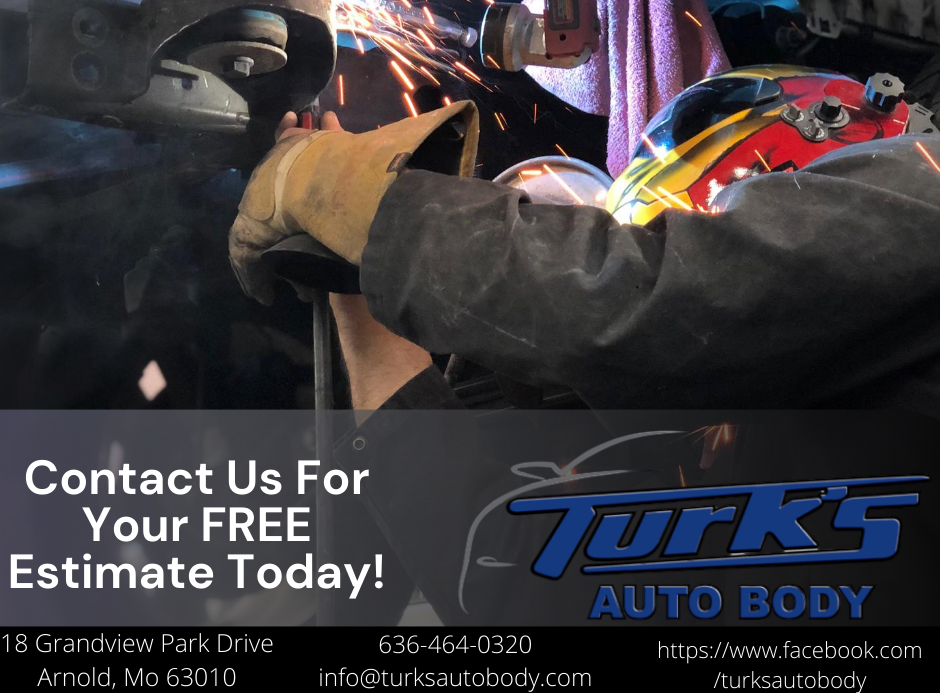 Mechanic repairing a car with sparks flying at Turk’s Auto Body, with free estimate contact info displayed