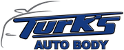Turk's Auto Body logo in blue and silver text on a white background