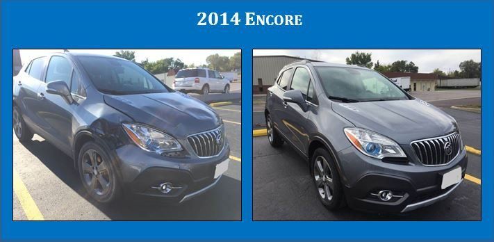 2014 Ford Encore SUV shown in two front-angle views, dark gray on a dealership lot