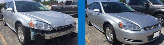 Damaged silver car before and after repair, showing front-end damage on the left and fixed bumper on the right.