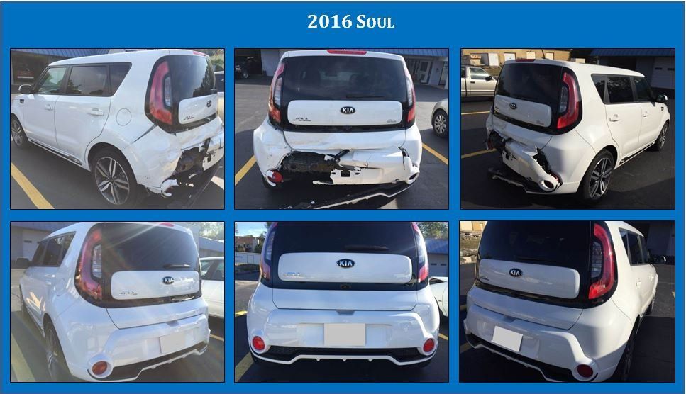 2016 Kia Soul shown in six exterior photos, white body with black accents, rear damage visible on bumper and tailgate