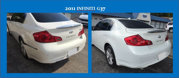 Side-by-side rear views of a white 2011 Infiniti G37 sedan outdoors, showing the back and side angles.