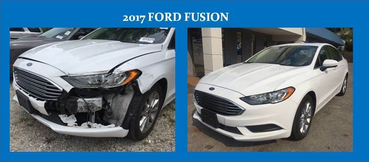 2017 Ford Fusion shown damaged in a front-end collision and repaired side-by-side