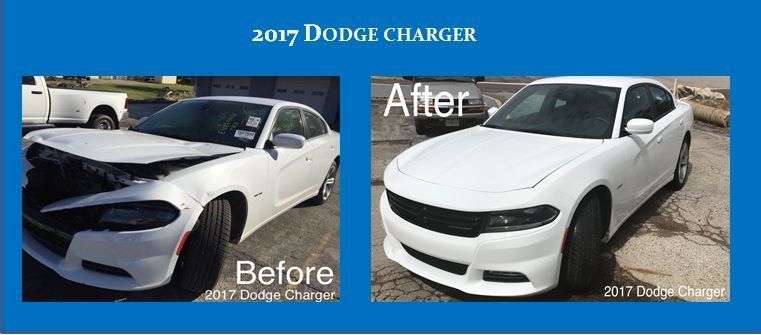 Before-and-after photos of a white 2017 Dodge Charger after body repair