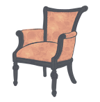 Upholstered armchair with a light orange patterned seat and back, dark wood frame.