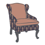 Wingback armchair with a floral patterned fabric and a solid-colored seat.