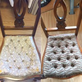 Side-by-side view: chair before and after upholstery. The after shows a new patterned cushion in brown tones.