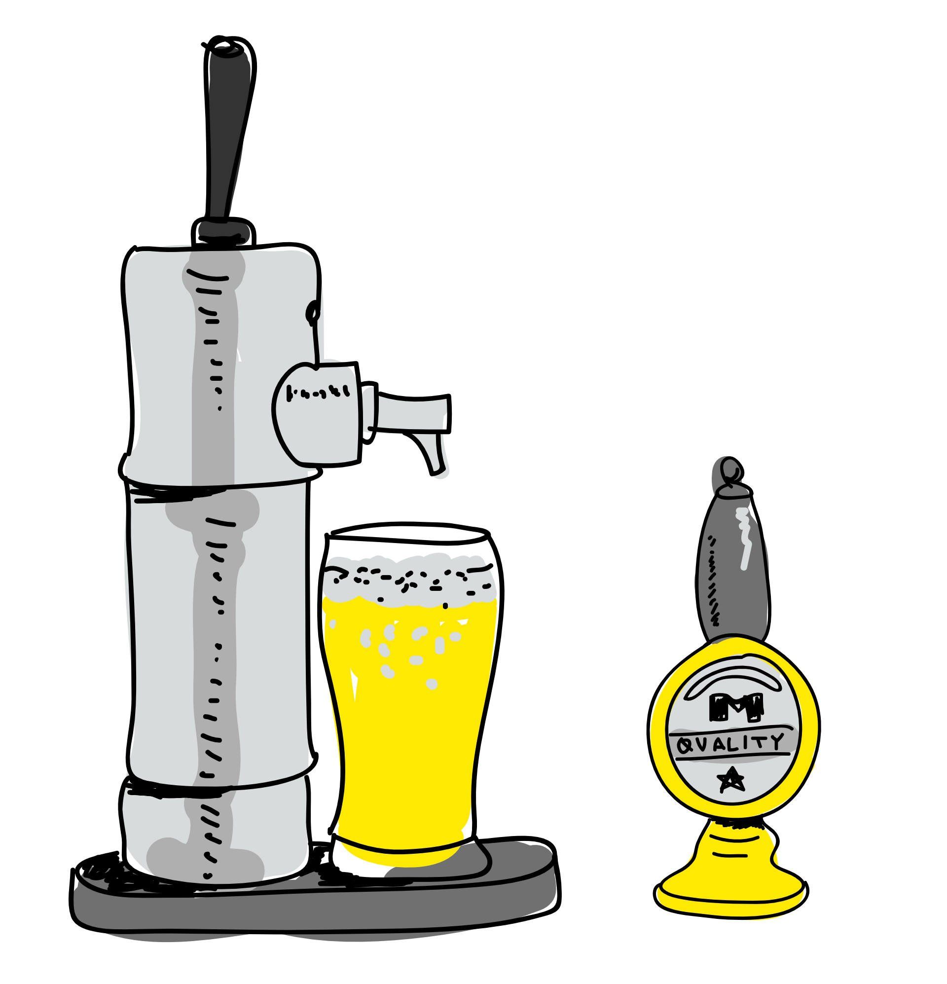 a drawing of a beer tap and a glass of beer