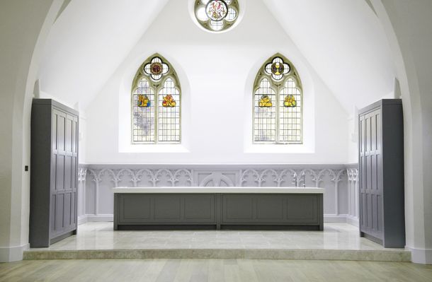 Converted church kitchen with bespoke cupboards. Builder. Building contractor. Construction. Carpentry. Carpentry contractor. Extensions. New builds. Timber frame fabrication and erection. Design and build. Kitchen installations. Horsham. Surrey. Reigate. Redhill. Dorking. Crawley. West Sussex. Cranleigh.