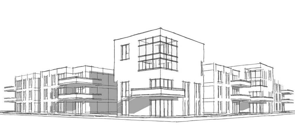 Am Computer generierte Handskizze Architekturvisualisierung