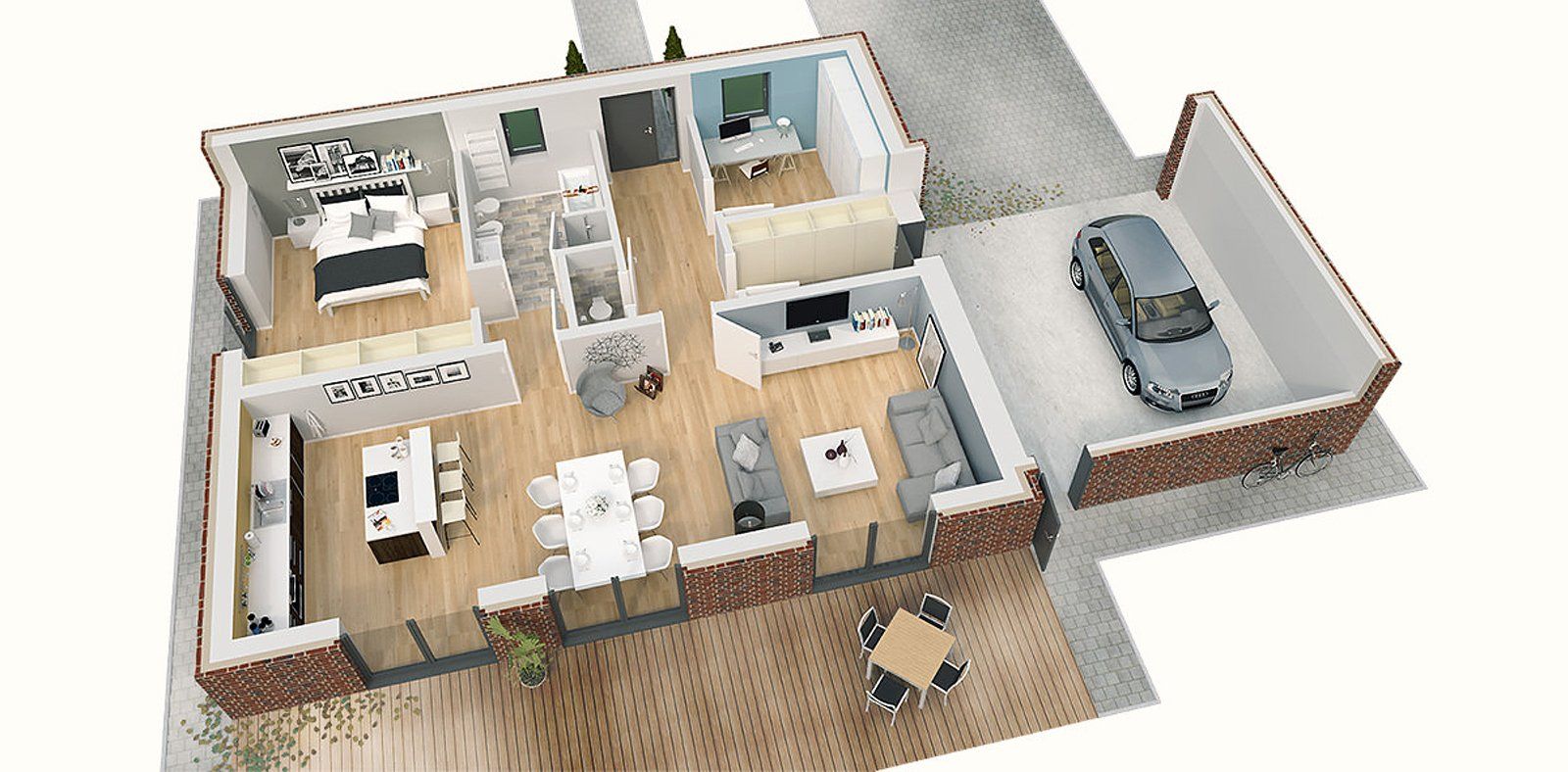 3D Grundriss ein Wohnung aus der Drohnen-Perspektive