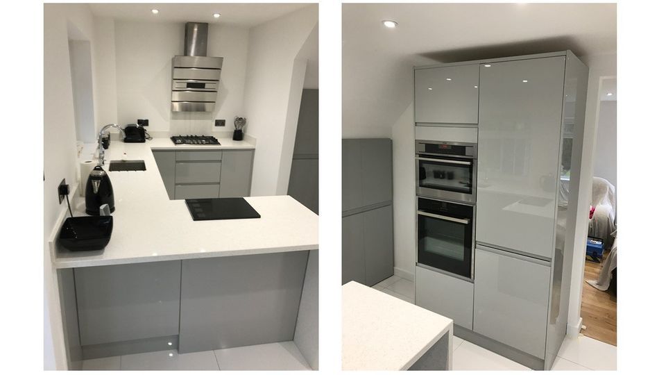 grey kitchen with white quartz