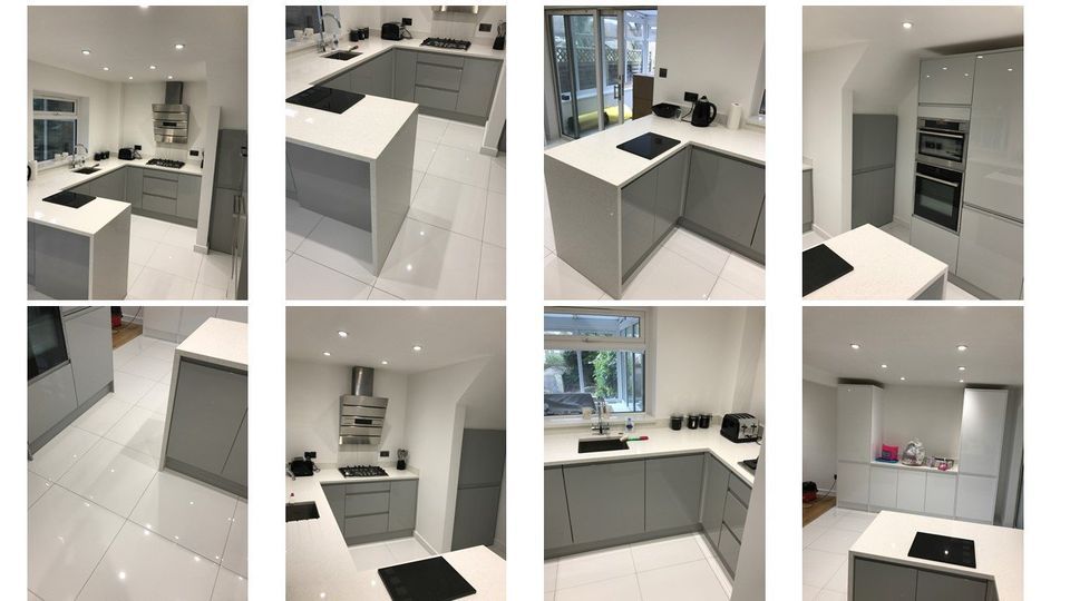 grey kitchen with white quartz