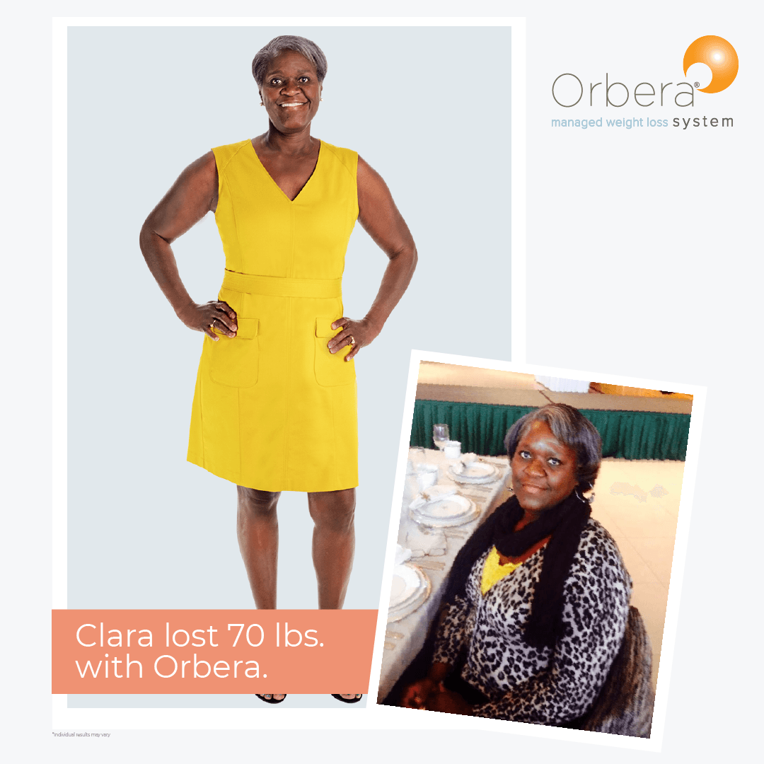 A woman in a yellow dress has lost 70 lbs
