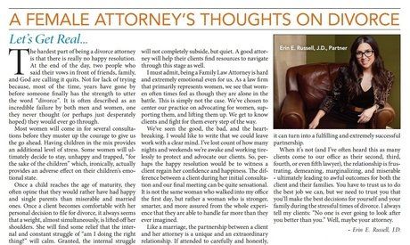 Article layout titled “A Female Attorney’s Thoughts on Divorce” with text columns and a woman seated at right