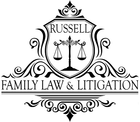 Russell Family Law & Litigation logo with scales of justice and ornate black lettering
