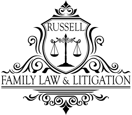 Russell Family Law & Litigation logo with scales of justice and ornate black lettering