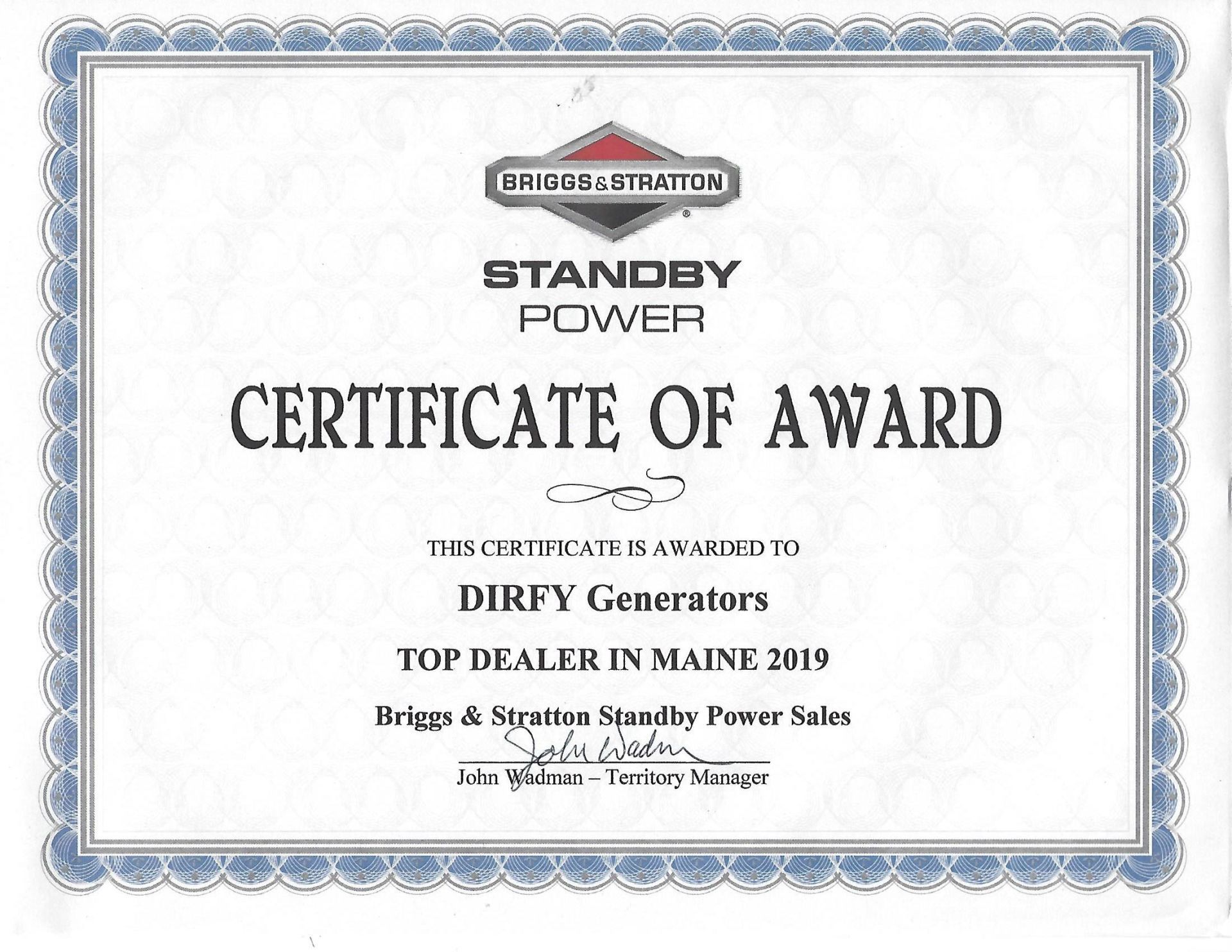 Certificate of Award — Limington, ME — DIRFY Generators Certificate of Award — Limington, ME — DIRFY Generators