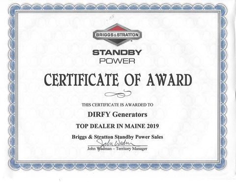 Certificate of Award — Limington, ME — DIRFY Generators Certificate of Award — Limington, ME — DIRFY Generators