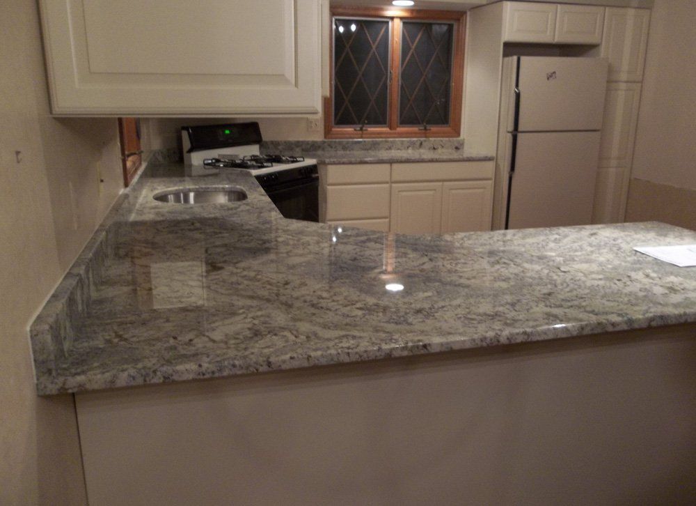 Installed white granite kitchen countertop