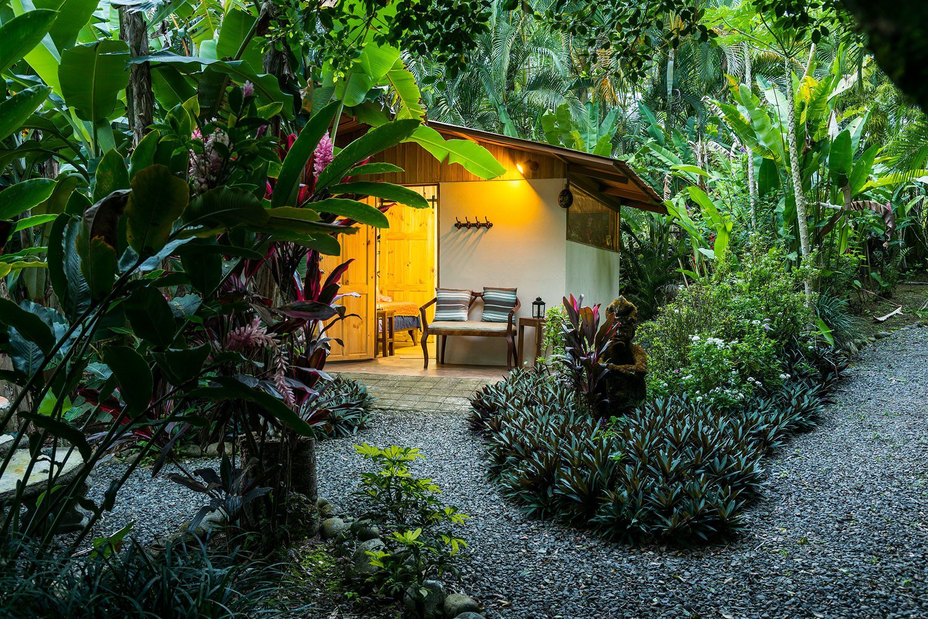 a small house in the middle of a lush green forest with a bench in front of it .
