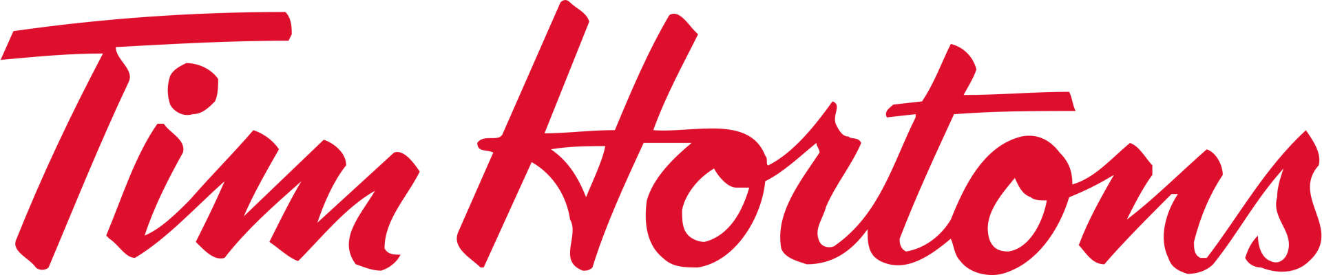 Logo de Tim Hortons en écriture cursive rouge.