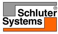Logo of Schluter Systems, with gray and orange tiles around the black text. The “R” is in a circle at the top right of the text.