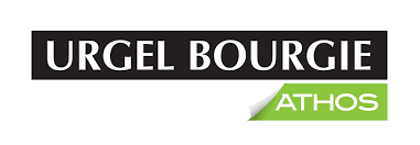 Logo d'Urgel Bourgie, rectangle noir avec texte blanc, coin Athos vert.