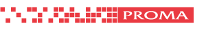 Red square pixelated design with the word PROMA in a red rectangle.