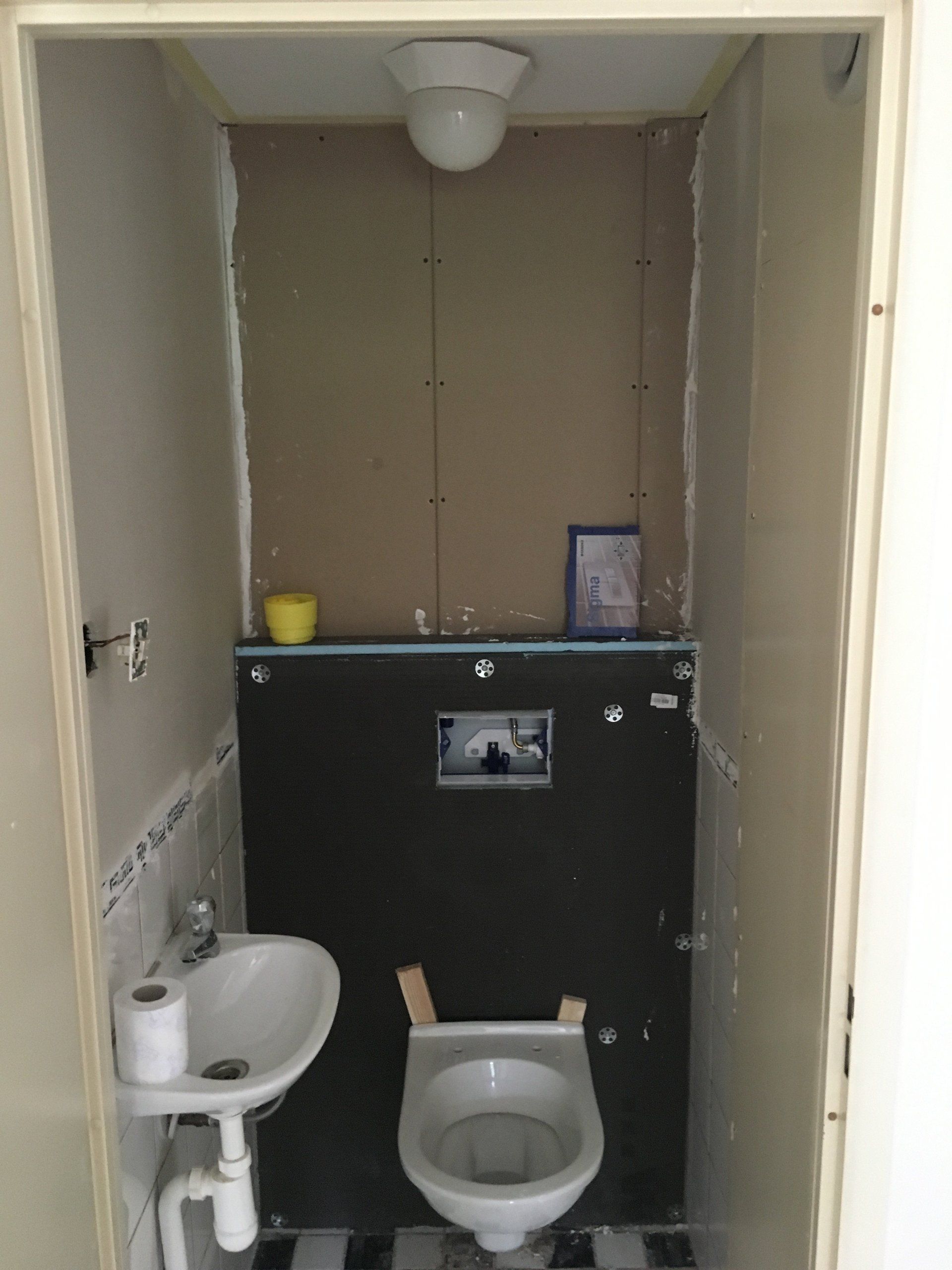 Een piepklein toilet met een toilet, een wastafel en een zwarte scheidingswand.