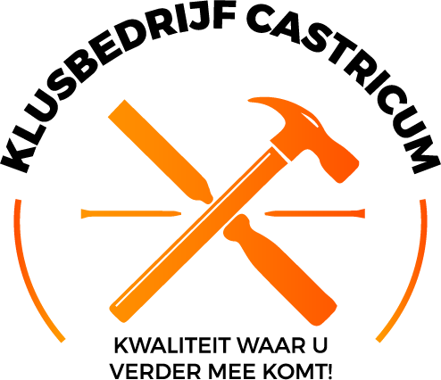 Logo of Klusbedrijf Castricum with crossed orange hammer and screwdriver; text: “Kwaliteit waar u verder mee komt!”