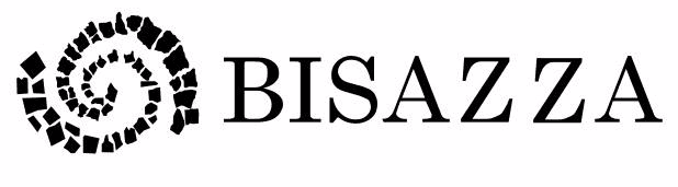 Logo BISAZZA in bianco e nero con un'icona a mosaico a spirale sulla sinistra.