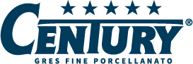 Logo CENURY in blu scuro con cinque stelle sopra e “Gres Fine Porcellanato” sotto.