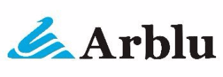 Logo Arblu con emblema astratto blu e marchio denominativo nero su sfondo bianco.