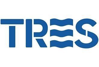 Logo TRES blu con linee ondulate integrate nelle lettere
