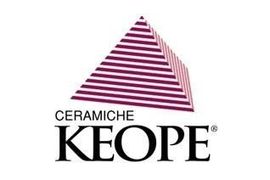 Logo Ceramiche Keope con un triangolo bordeaux a righe sopra un testo nero.