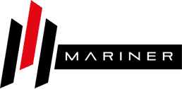 Logo Mariner in nero e rosso con forme stilizzate di vele e marchio denominativo nero.