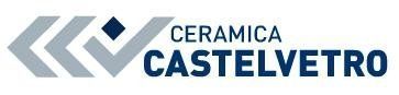 Logo Ceramica Castelvetro in grigio e blu con icona geometrica a forma di piastrella.