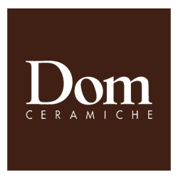 Logo Dom Ceramiche in bianco su sfondo marrone scuro.