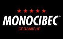 Logo Monocibec Ceramiche in bianco e rosso su sfondo nero, con cinque stelle rosse sopra.