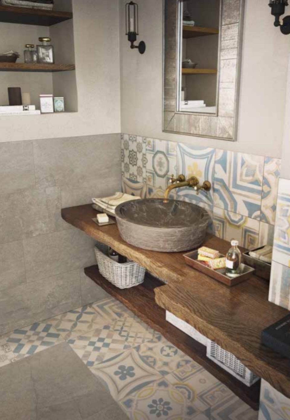 Mobile bagno moderno con lavabo rotondo in pietra, piano in legno, alzatina in piastrelle decorate e specchio.