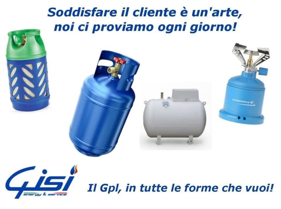 Volantino promozionale dell'azienda Gisi che presenta diverse bombole e attrezzature per GPL con lo slogan 