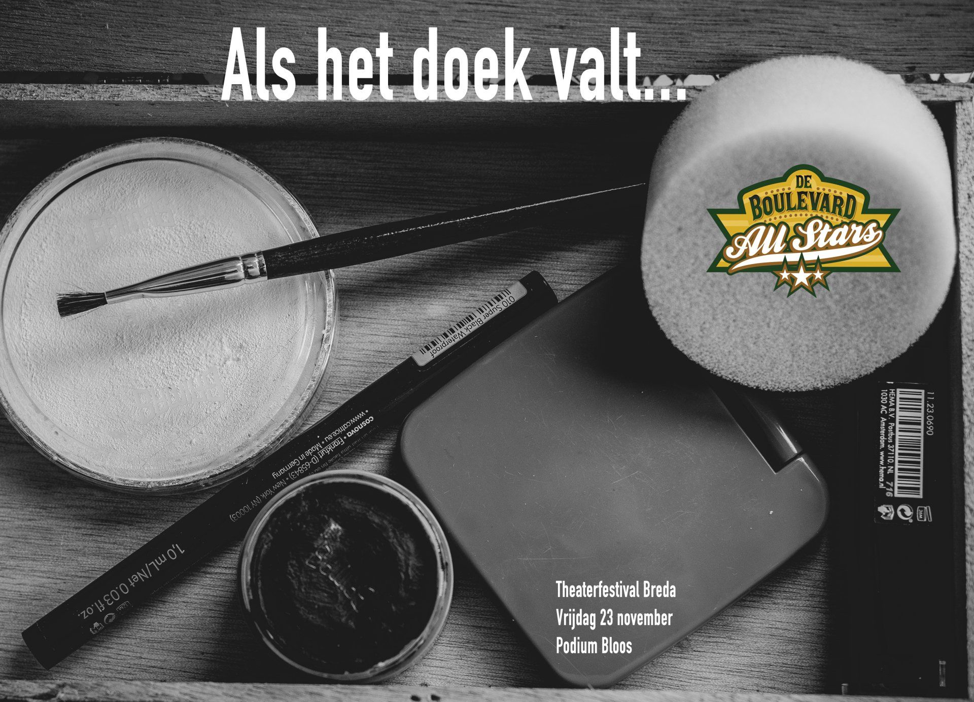 Black-and-white ad for a beverage, with a glass, bottle cap, and Dutch text “Als het doek valt...”
