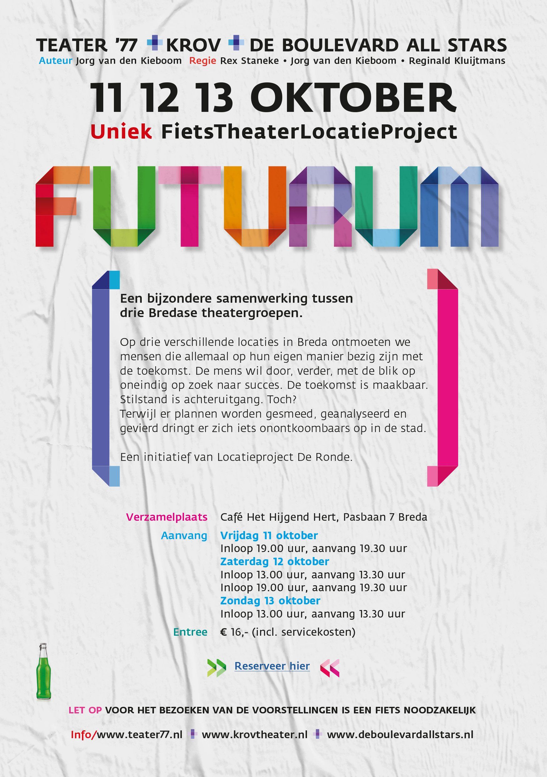 Colorful theatre poster for “Forum” at De Boulevard, October 11–13, with multicolored title text.