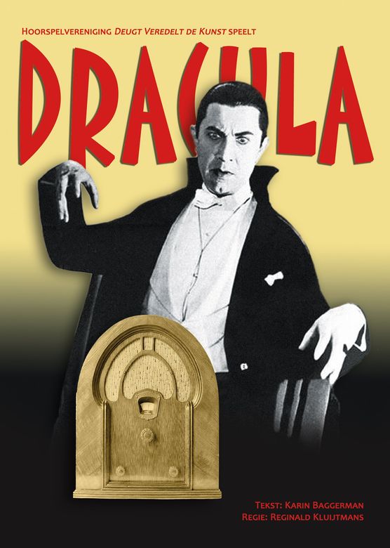 Vintage Dracula poster with a pale man in a black cape behind an ornate gold coffin emblem, red title text.