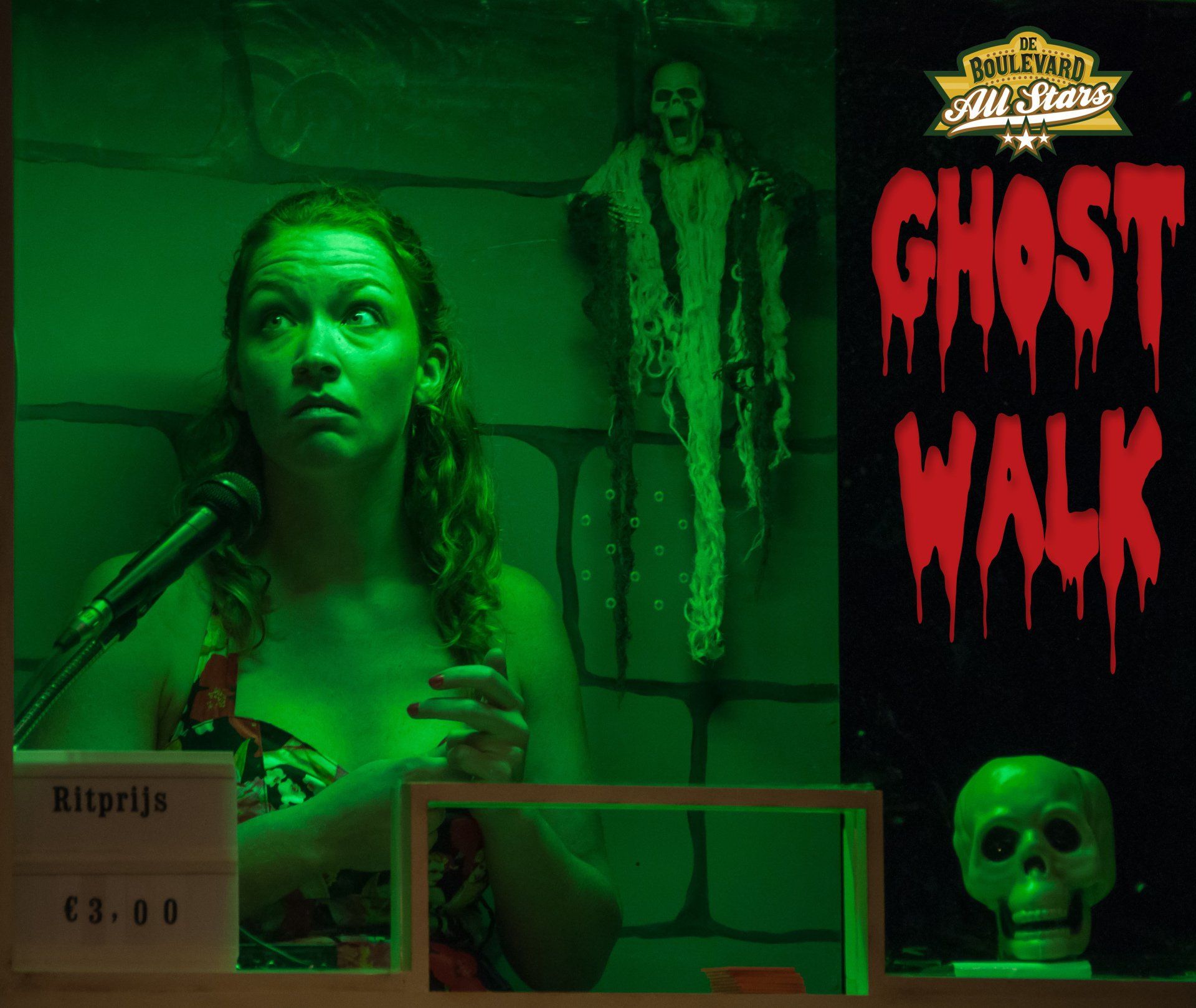 Green-tinted haunted house poster with a terrified woman and the title “Ghost Walk” in red letters