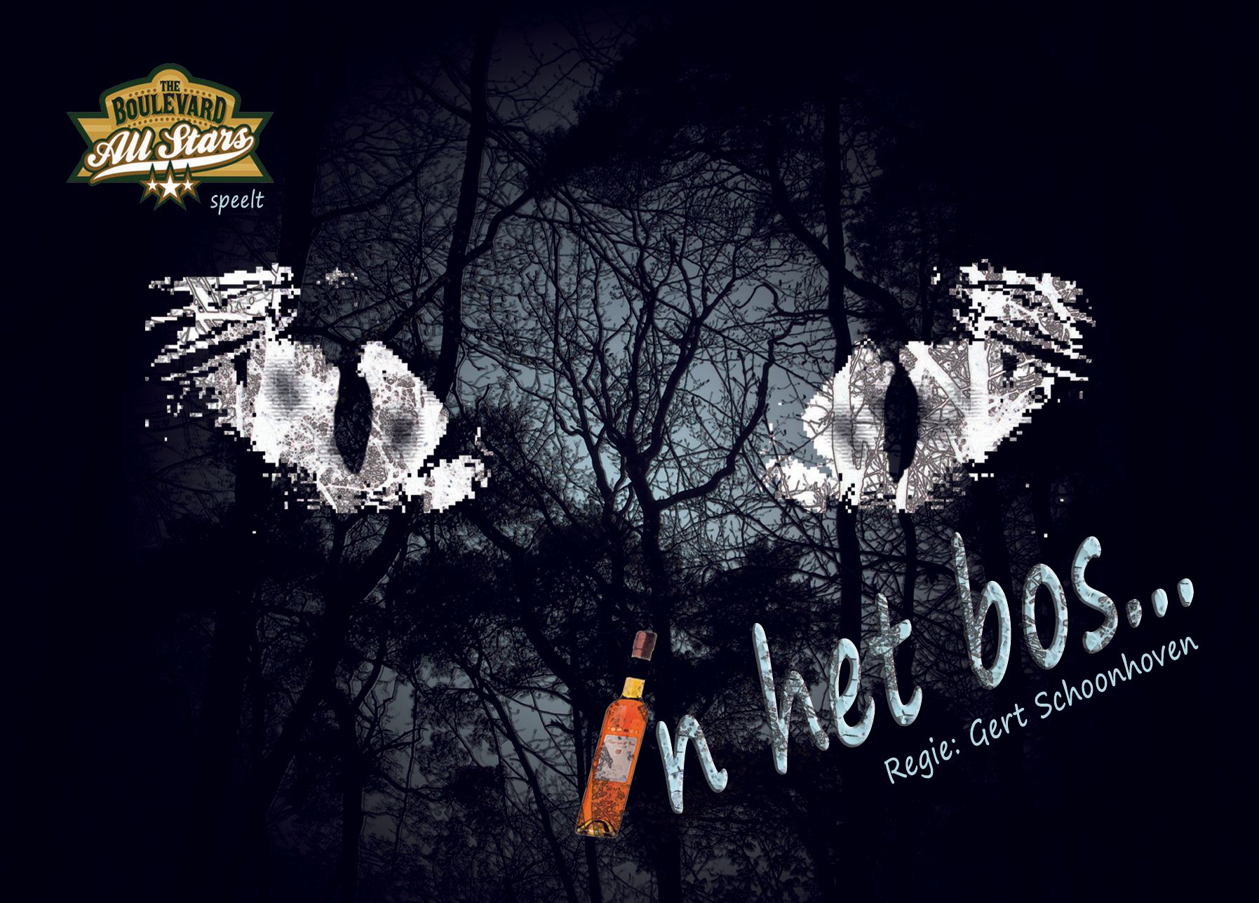Dark tree silhouette with glowing white eyes and the text “In het bos...” on a black background