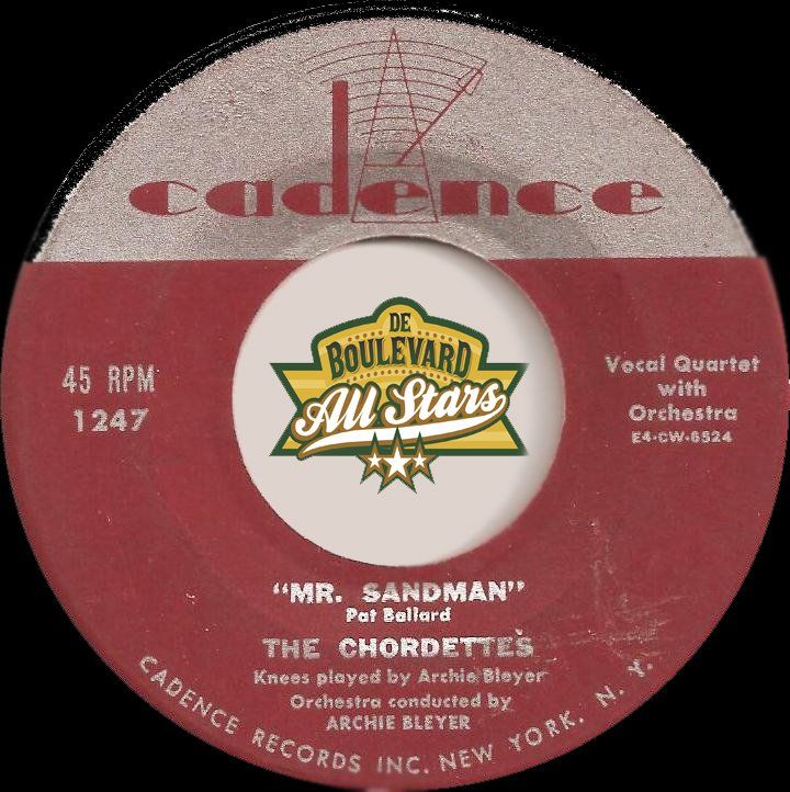 Red and pink Cadence 45 RPM record label for “Mr. Sandman” by The Chordettes
