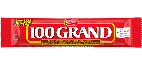 A Nestlé 100 Grand candy bar with red packaging, displaying the brand name in large white text and 