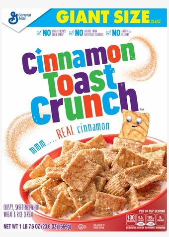 A box of Cinnamon Toast Crunch cereal featuring the brand name and a bowl of the square, cinnamon-dusted cereal pieces.